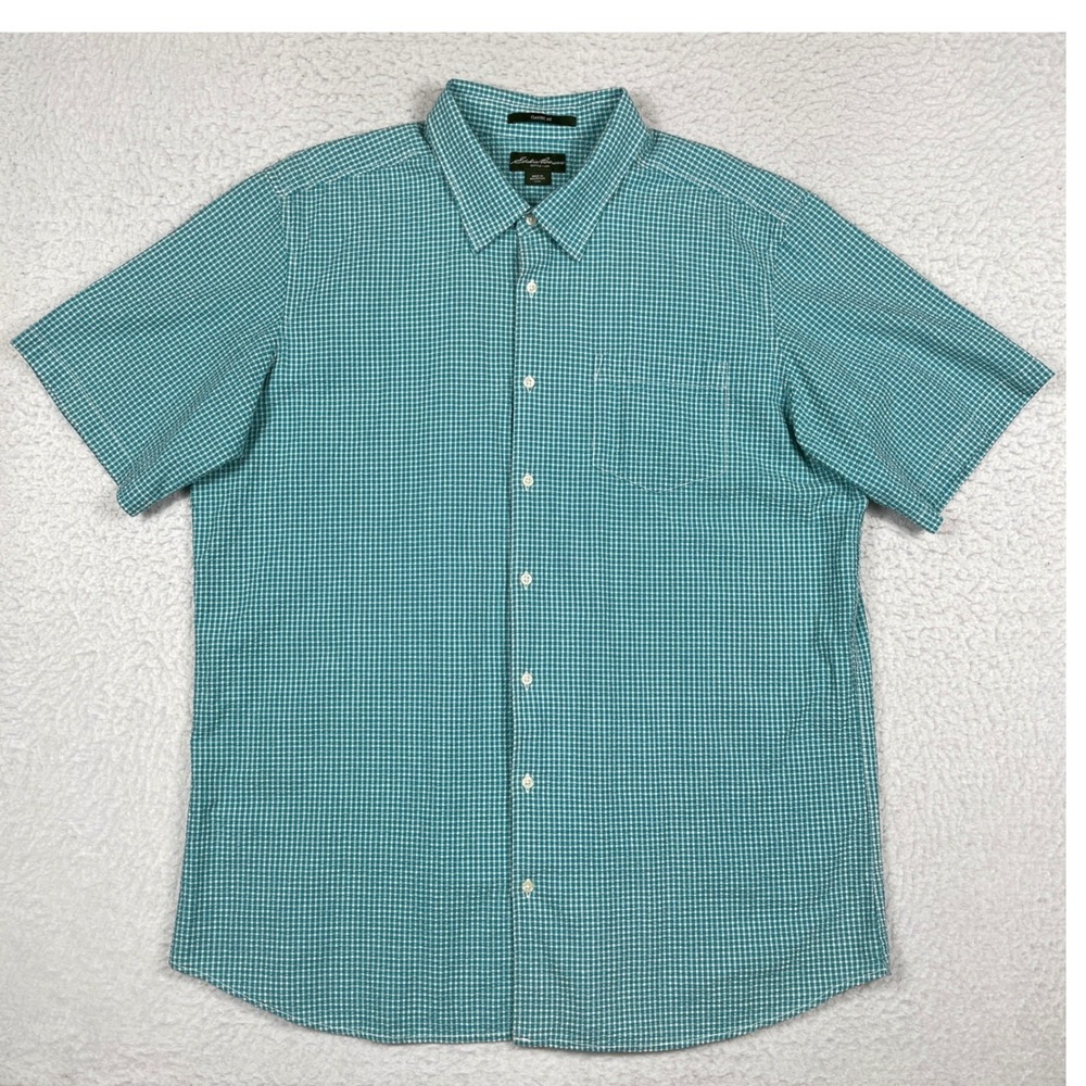 Eddie Bauer Button Down Shirt Mens TXXL Tall Teal White Short Sleeve Classic